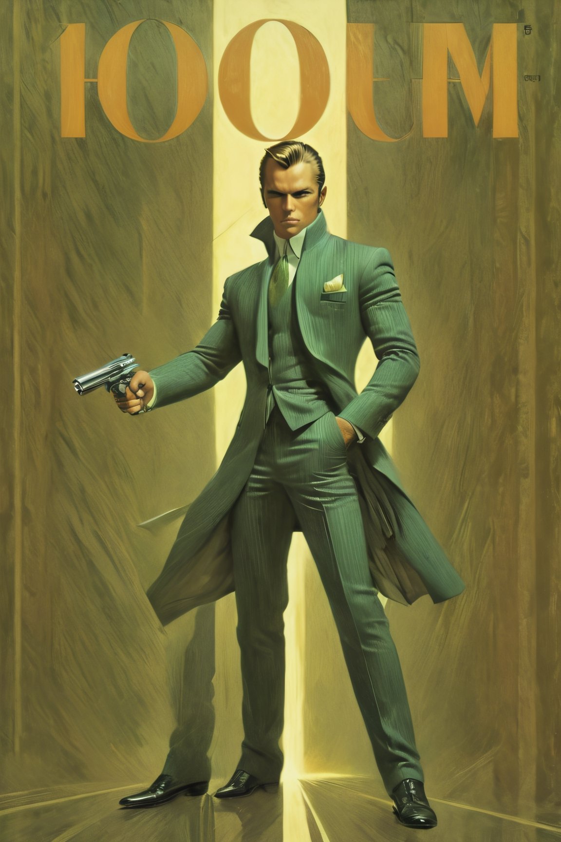 art by Masamune Shirow, art by J.C. Leyendecker, art by boris vallejo, a masterpiece, stunning beauty, hyper-realistic oil painting, vibrant colors, a James Bond type character, dark chiarascuro lighting, aiming a Luger pistol at the viewer, fighting bad guys, driving an Aston Martin, a telephoto shot, 1000mm lens, f2,8,vertical lines of green matrix code