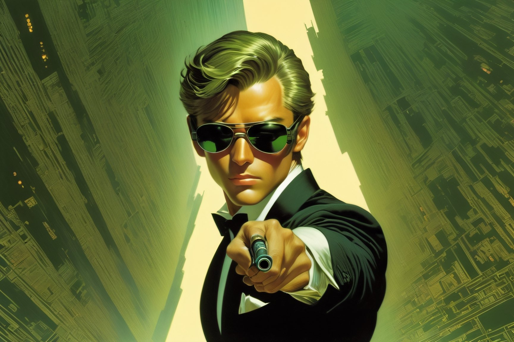 art by Masamune Shirow, art by J.C. Leyendecker, art by boris vallejo, a masterpiece, stunning beauty, hyper-realistic oil painting, vibrant colors, a James Bond type character, wearing round sunglasses, dark chiarascuro lighting, aiming a Luger pistol at the viewer, fighting bad guys, being chased, a telephoto shot, 1000mm lens, f2,8,vertical lines of green matrix code