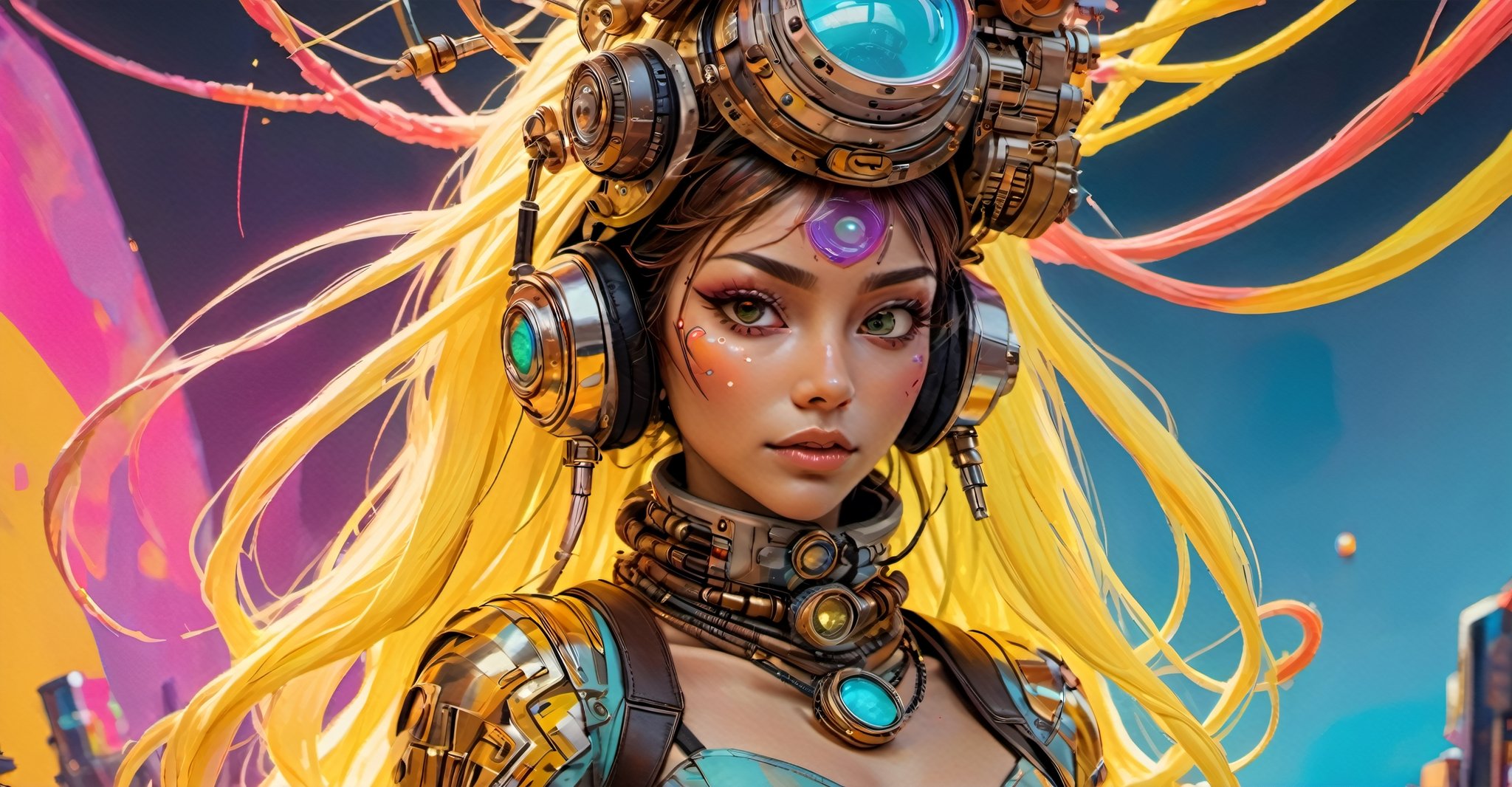 a masterpiece, stunning beauty, perfect face, epic love, Slave to the machine, full-body, hyper-realistic oil painting, vibrant colors, Body horror, wires, , native american war bonnet, a rusty and silver spotted steampunk spacesuit, women looking directly out to viewer, wry smile on her face, neon face with multiple coloured circuits on it, full face visor translucent dirty yellow colour, in the style of futuristic space, glamour, Steam punk steam punk animated gifs, xenomorph lookalike adornments, gun in hand, algorithmic artistry, frank frazetta style, perfect makeup, boris vallejo, pop art consumer culture, plain neon steampunk background, full figure pose, dripping paint, Leonardo Style, blacklight makeup, oni style,monster,HellAI,IncrsXLRanni,Xxmix_Catecat,DonMD3m0nXL ,Stylish,underboob,hustler,more detail XL,portrait_futurism