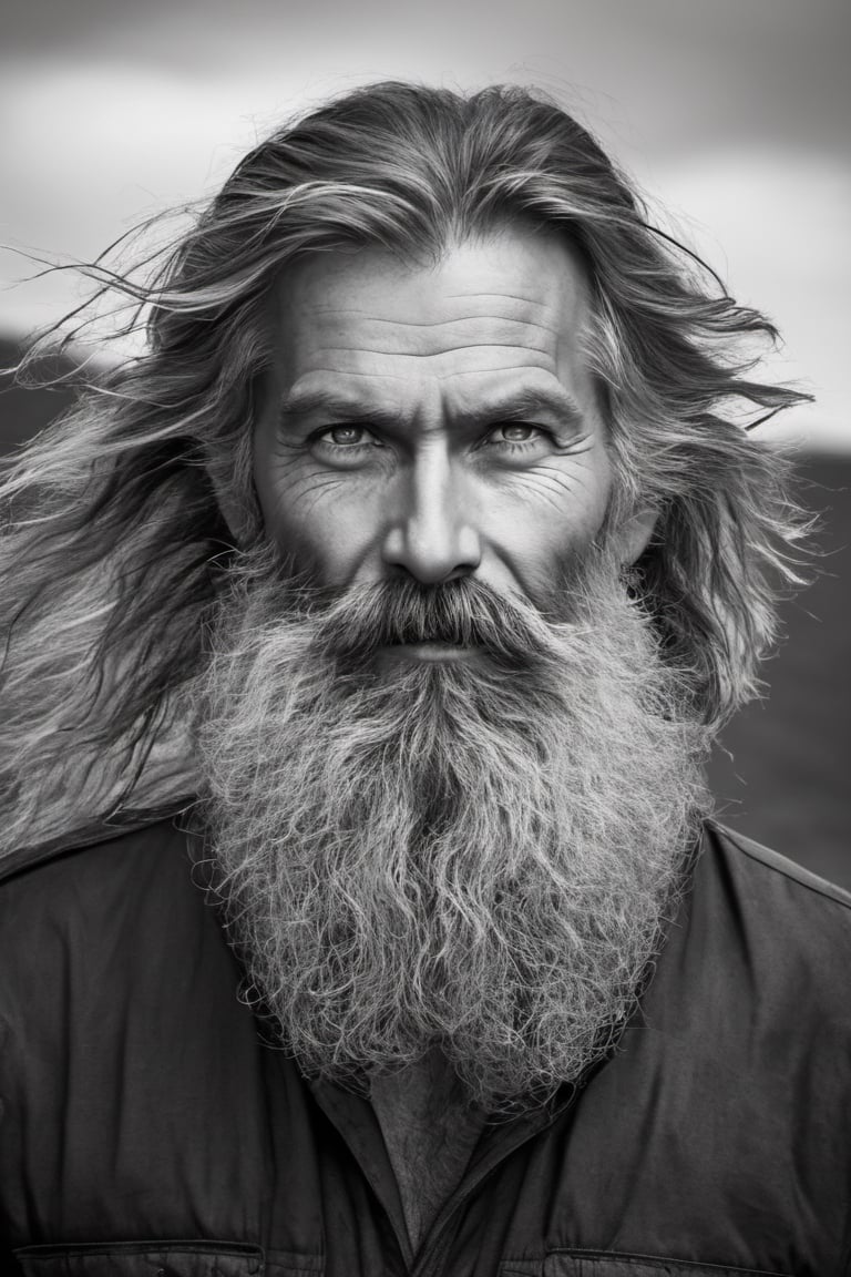 solo, looking at viewer, 1 man, monochrome, upper body, greyscale, male focus, very long facial hair, very long unkempt beard, ver long mustache, old, old man, no clothing, long bushy unkempt hair, long bushy beard, wild and windswept, forlorn, lost, close up portraint , portrait photography, 