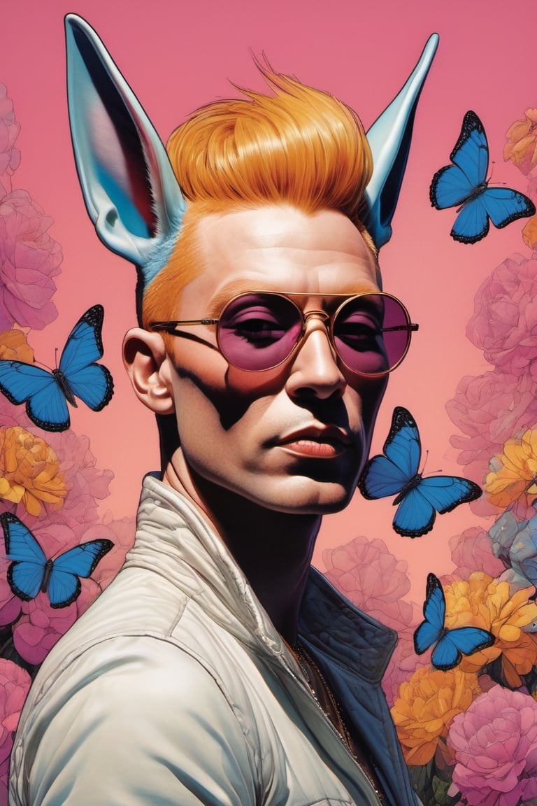 vogue easter ginger bunny portrait, Horror Comics style, art by brom, smiling, john lennon sunglasses, rabbit ears, rabbit nose, ginger rabbit fur, punk hairdo, tattoo by ed hardy, shaved hair, playboy bunny outfit, bunny tail, neck tattoos by andy warhol, heavily muscled, biceps, glam gore, horror, poster style, flower garden, Easter eggs, oversized monarch butterflies, tropical fish, flower garden, 