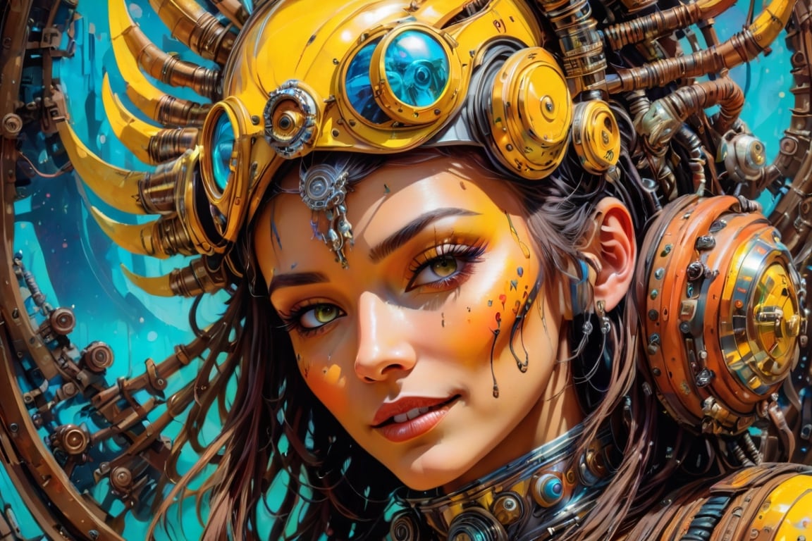 a masterpiece,  stunning beauty,  perfect face,  epic love,  Slave to the machine,  full-body,  hyper-realistic oil painting,  vibrant colors,  Body horror,  wires,   ,  native american war bonnet, a rusty and silver spotted steampunk spacesuit, women looking directly out to viewer, wry smile on her face, neon face with multiple coloured circuits on it, full face visor translucent dirty yellow colour, in the style of futuristic space, glamour,Steam punk steam punk animated gifs, xenomorph lookalike adornments, gun in hand, algorithmic artistry, frank frazetta style, perfect makeup, boris vallejo, pop art consumer culture, plain neon steampunk background, full figure pose,dripping paint,Leonardo Style,blacklight makeup,oni style