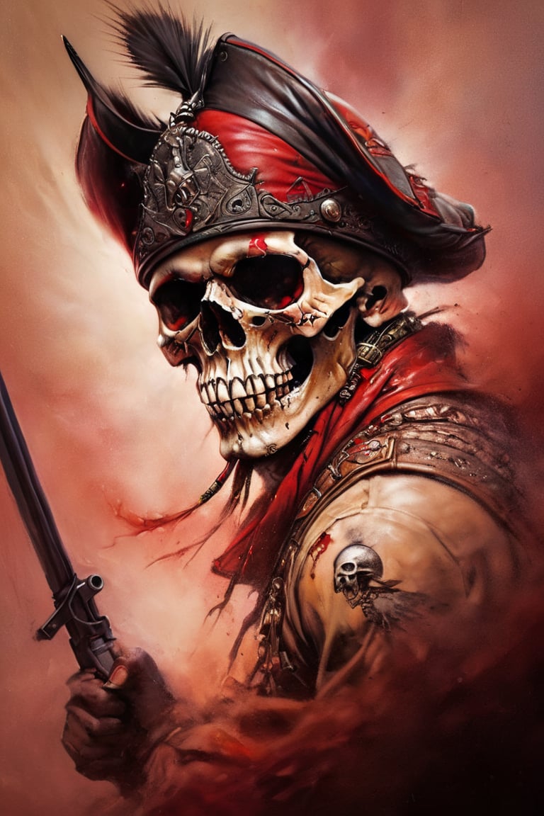 cinematic reality, film, chiarascurio, very short depth of field inches, 1000 mm tamron lens f1,8, shadows, reflection, sparks, mists, skull with red military cap, sharp focus, detailed features, blood, tribal tattoos on the skull cheeks and jaw,