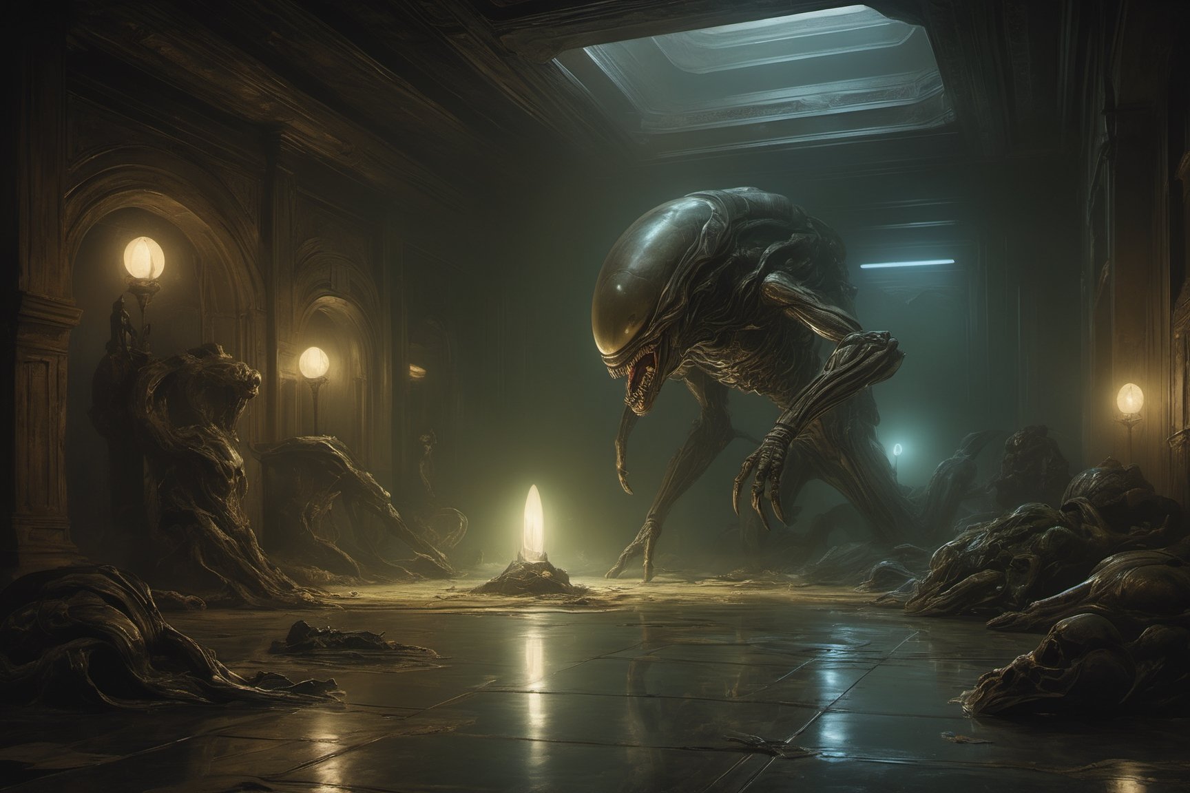 a oil painting wide shot, art by hr giger, a masterpiece, hyper-realistic oil painting of a worship site,, a xenomorph statue, a prayer site, an engineer face statue, rock formations, low lighting, intense shadows, dripping blood and sweat, messed up, battling human troopers, on a spaceship set, dark, blinking lights, dimly lit, wet, water, eerie, Ovomorph eggs, in a massive chamber, green misty light on the floor covering the eggs, darkness, Xenomorph Eggs by themselves, Facehugger launches itself at the nearby victim.