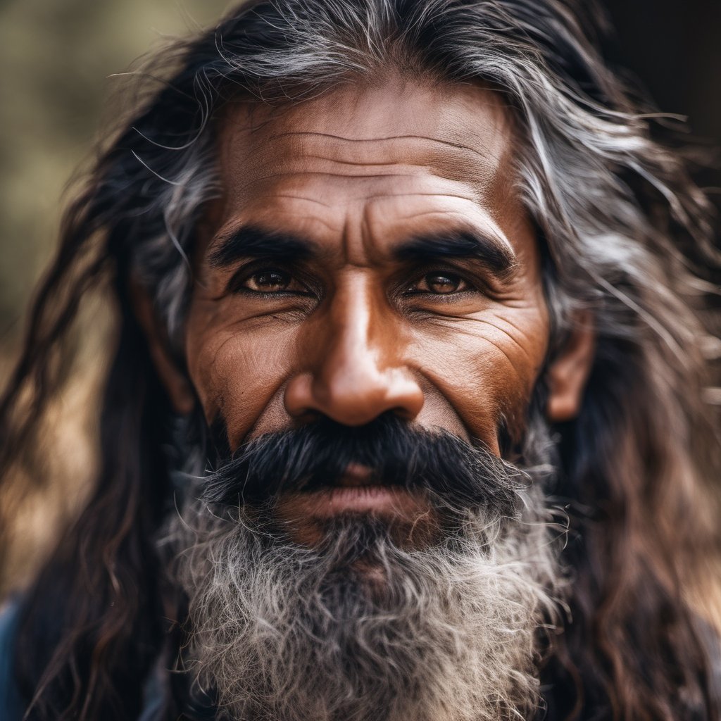 an aboriginal man,  a native from australia, head uncovered,  solo, looking at viewer, 1 man, monochrome, upper body, greyscale, male focus, 2 ft facial hair,2 ft beard, 12 inch mustache, old, old man, no clothing, long bushy unkempt hair, long bushy beard, wild and windswept, all focus on the eyes, short 2 inch depth of field, tamron 1000 mm telephoto lens, f2.8, cinematic angle, looking from above the eyeline down back at the man, angled, extreme close up shot,  eyes only, smiling , few teeth, 