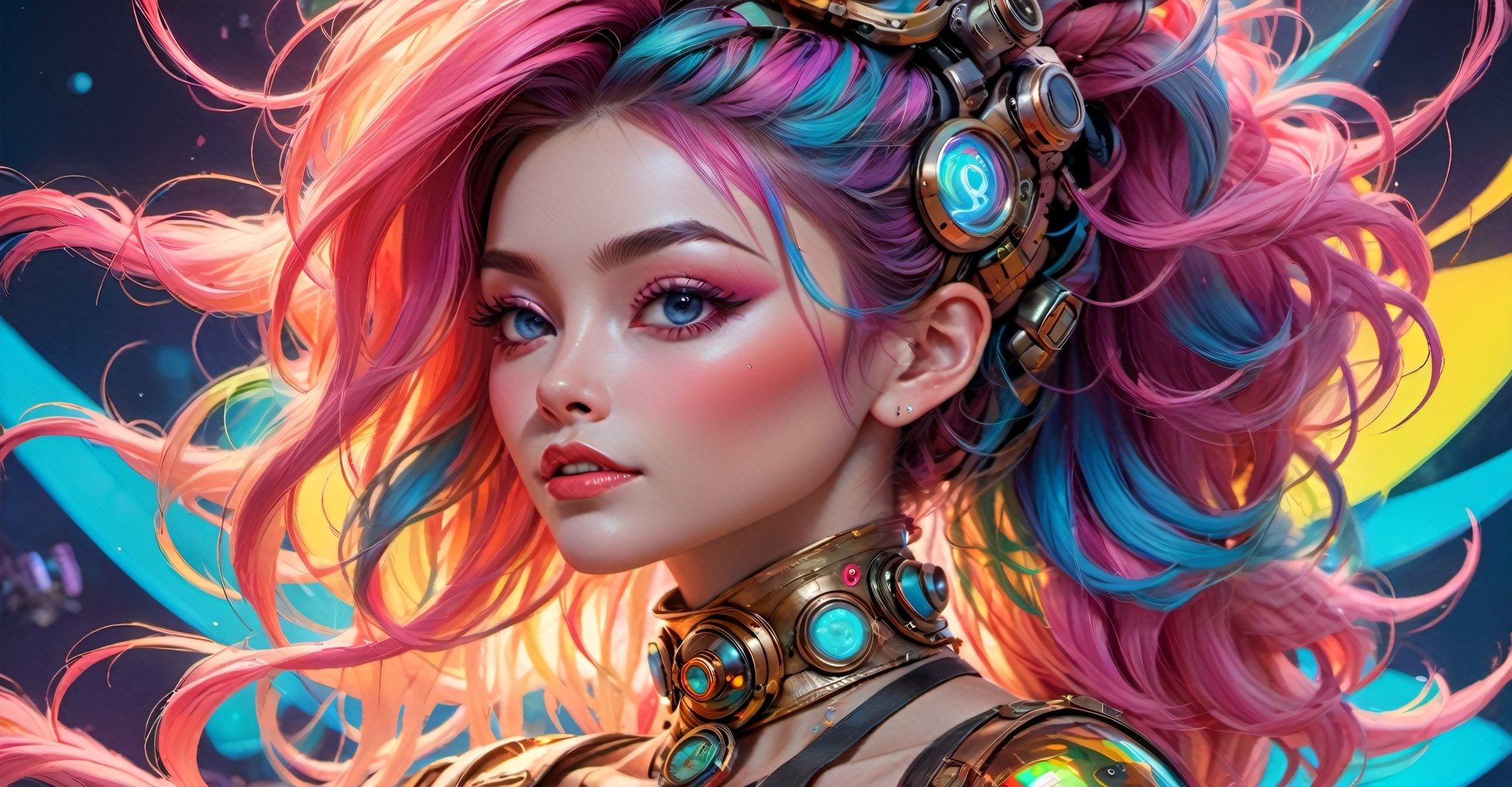 a masterpiece, stunning beauty, perfect face, full-body, hyper-realistic oil painting, vibrant colors, Body horror, steampunk spacesuit, women looking directly out to viewer, wry smile on her face, neon face with multiple coloured circuits on it, full face translucent visor, in the style of futuristic space glamour, Steam punk, tribal adornments, frank frazetta style pose, perfect makeup, boris vallejo style background pop art consumer culture, plain neon steampunk background, full figure pose, dripping paint, Leonardo Style, blacklight makeup, oni style,monster,HellAI,IncrsXLRanni,Xxmix_Catecat,DonMD3m0nXL ,Stylish,underboob,hustler,more detail XL,portrait_futurism