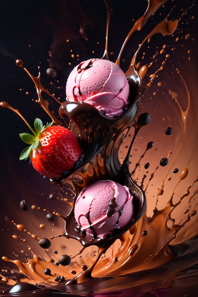 a macroscopic photograph of strawberry ice cream with cherry cream, ice cubes, maraschino cherries, blueberries, mandarin segments, dark chocolate sauce, nuts, mint leaves, splashing dark chocolate sauce, in a gradient cerry colouredbackground, fluid motion, dynamic movement, cinematic lighting, palette knife, digital artwork by Beksinski,action shot,sweetscape, 3D, oversized fruit, caramel theme, art by Klimt, airbrush art, 