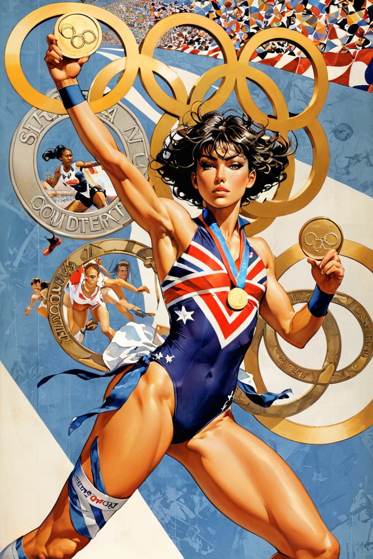 art by Masamune Shirow, art by J.C. Leyendecker, art by simon bisley, art by ralph steadman, a masterpiece, hyper-realistic movie poster, olympic athletes, track and field events, bronze medal, silver medal, gold medal, olympic rings ,wearing country of origin uniform,  incredible detail, kaleidoscope graffiti background, artint, frutiger, 