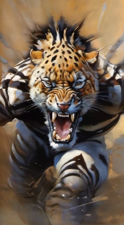 a close up painting, an oil portrait, a masterpiece, a snarling leopard, leopard spots with zebra stripes on its face, art by Sargent, art by frazetta