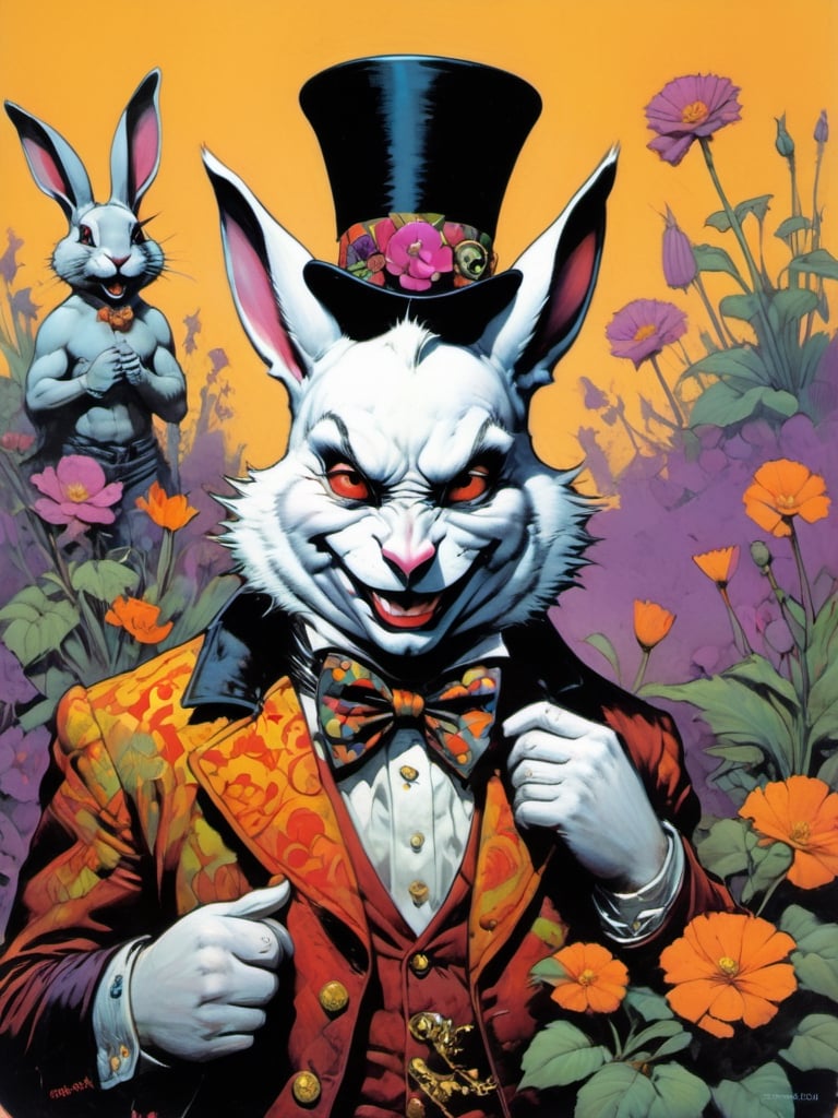 white rabbit with many baby rabbits, Easter theme, Horror Comics style, art by brom, tattoo by ed hardy, shaved hair, neck tattoos andy warhol, mad hatter top hat, heavily muscled, biceps,glam gore, horror, white rabbit, rabbit hole,  demonic, hell visions, demonic women, military poster style, chequer board, vogue easter bunny portrait, Horror Comics style, art by brom, smiling, tongue out, poking tongue at viewer, lennon sunglasses, rabbit ears, rabbit nose, rabbit fur, punk hairdo, tattoo by ed hardy, shaved hair, playboy bunny outfit, bunny tail, neck tattoos by andy warhol, heavily muscled, biceps, glam gore, horror, poster style, flower garden, Easter eggs, coloured foil, oversized monarch butterflies, tropical fish, flower garden,