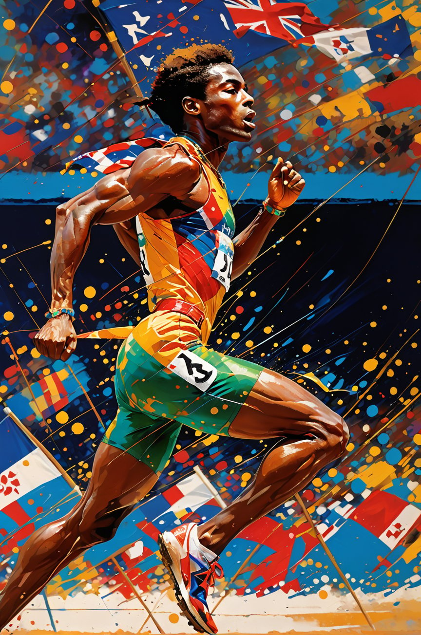 art by leRoy Neiman, colours by LeRoy Neiman,  abstract realism, a masterpiece, olympic track athlete, track and field sprint event ,wearing country of origin uniform, country of origin flags, gold medals, incredible detail, close up mid shot, an abstract oil painting, vibrant colours, abstract graffiti background, 