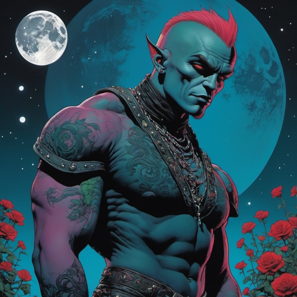 tik tok from the wizard of oz, blood moon, Horror Comics style, art by brom, tattoo by ed hardy, shaved hair, neck tattoos by andy warhol, heavily muscled, biceps, glam gore, horror, poster style, flower garden, space constellation, ,art_booster