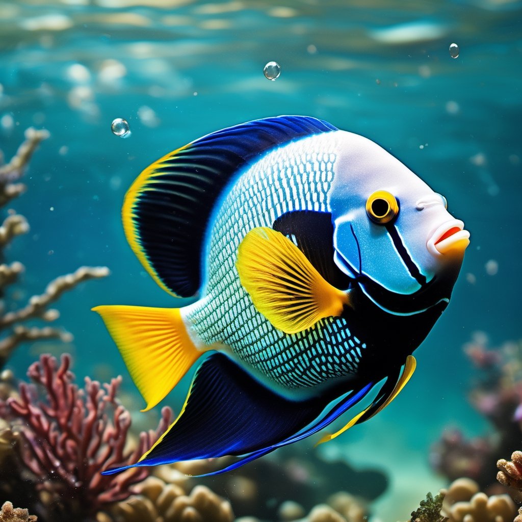 a tropical angel fish, very colourful, underwater, bubbles, seaweed, aqua water, Colourful cat ,