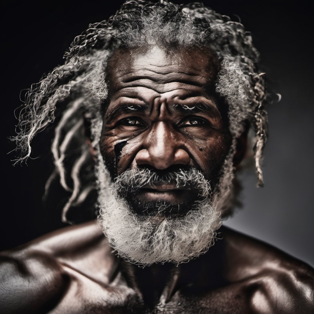 a defeated bare knuckle boxer male, old b;ack african man, head uncovered,  battle scarred, solo, looking at viewer, 1 man, monochrome, upper body, greyscale, male focus, 2 ft facial hair,2 ft beard, 12 inch mustache, old, old man, no clothing, long bushy unkempt hair, long bushy beard, wild and windswept, forlorn, a worn out worried look in his eyes and face, all focus on the eyes, short 2 inch depth of field, tamron 1000 mm telephoto lens, f2.8, cinematic angle, looking from above the eyeline down back at the man, angled, extreme close up shot,  eyes only, teeth bashed out, swollen eye, broken nose, cut eyebrows, no teeth, a towel, a singlet, bloodstained, mouth open and smiling , few teeth, 