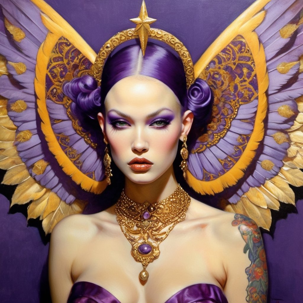  vogue style, a masterpiece, art by TavitaNiko, art by Vallejo, art by Klimt , art by brom, tattoo by ed hardy, shaved hair, neck tattoos by andy warhol, horror, demonic, heaven visions, angelic women, biblical art, angel wings, purple, gold filigree, Star shapes in background, 