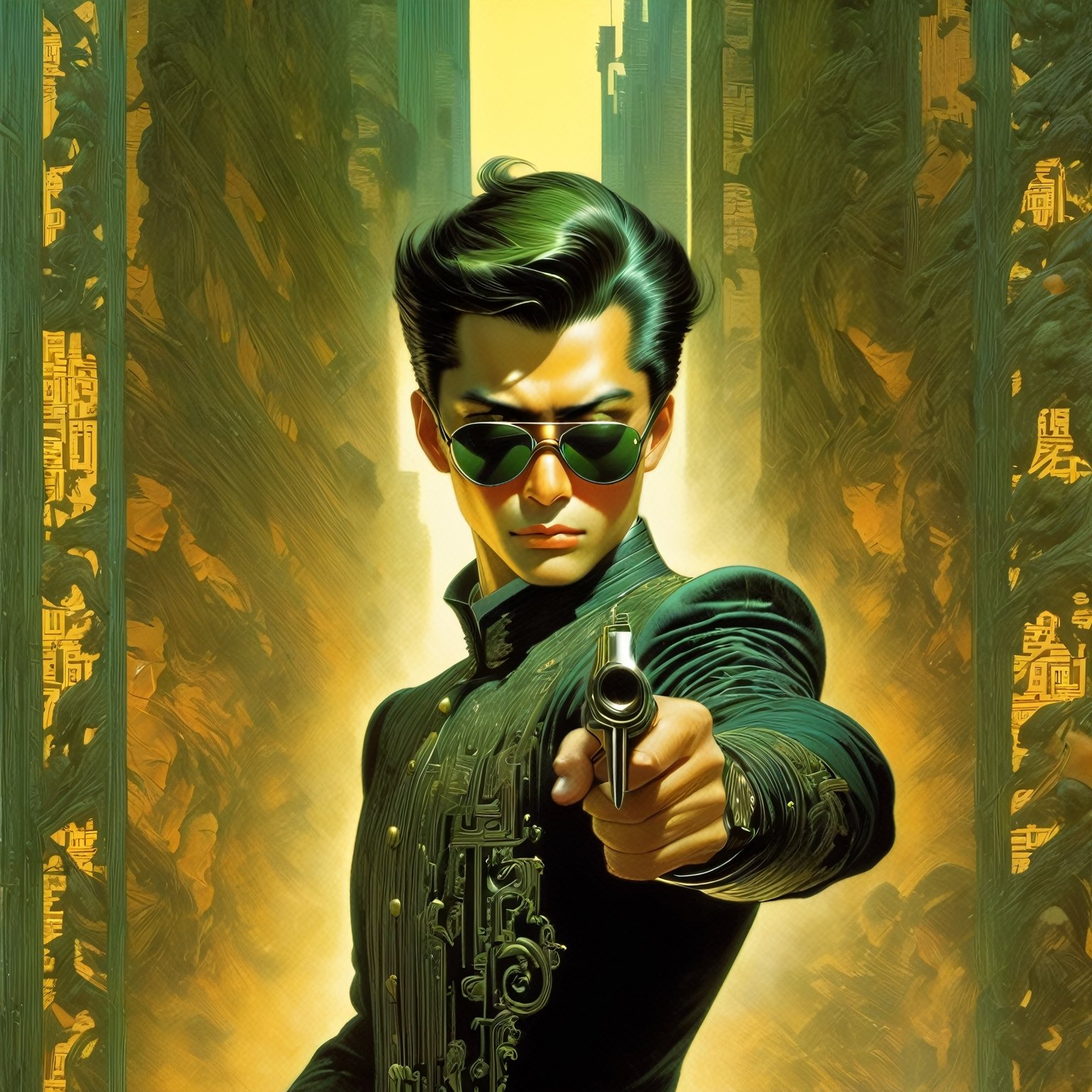 art by Masamune Shirow, art by J.C. Leyendecker, art by boris vallejo, a masterpiece, stunning beauty, hyper-realistic oil painting, vibrant colors, a Xi Jinping type character, wearing round sunglasses, dark chiarascuro lighting, aiming a Luger pistol at the viewer, fighting bad guys, being chased, a telephoto shot, 1000mm lens, f2,8,vertical lines of green matrix code