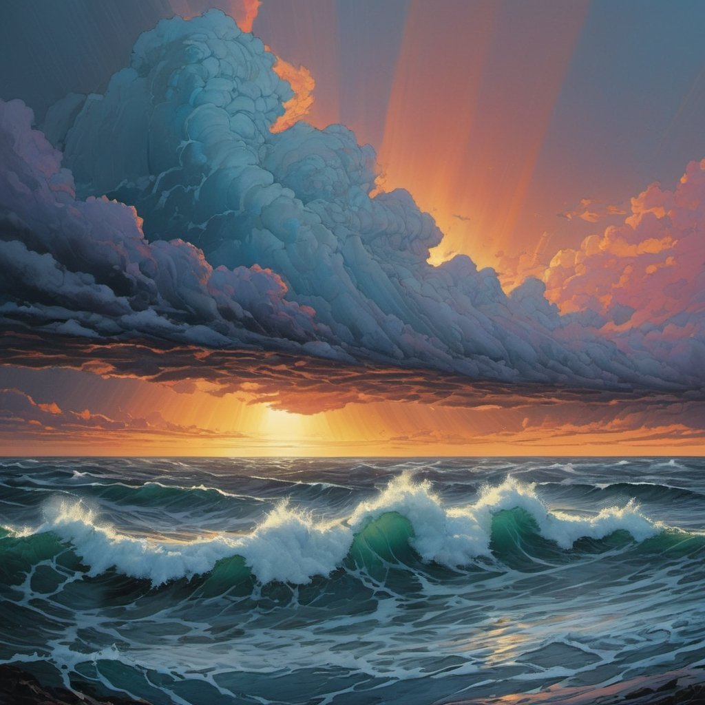  the Pacific Ocean on a stormy day, 5 metre troughs, rain, sun, splashing (((dramatic cloud formation))), poster style,  