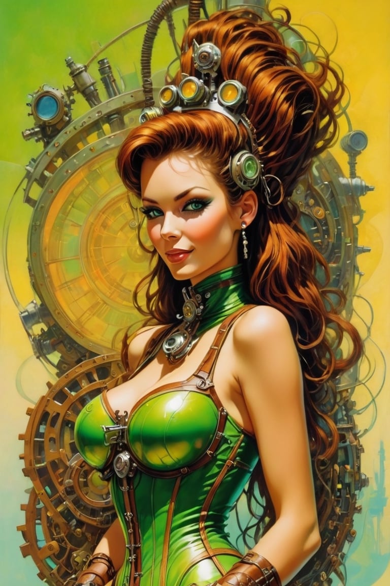 a see through 50 % lace steampunk corset, women looking directly out to viewer, naughty smile on her face, tan face with multiple coloured circuits on it, bare shoulders, scull cao, no visor, translucent dirty green and off white colour, numbers on lapel, in the style of futuristic space, glamour,frank frazetta style, perfect makeup, boris vallejo, pop art consumer culture, plain neon steampunk background, full figure pose