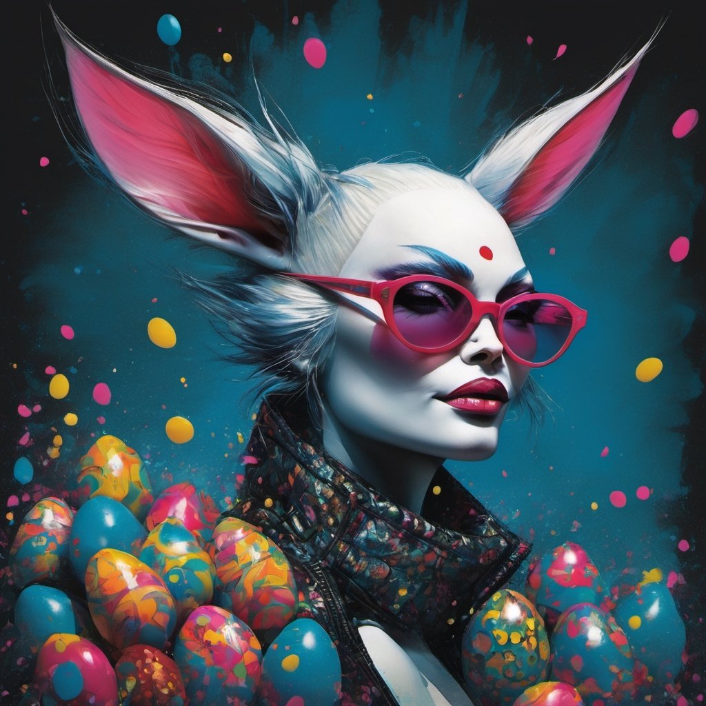 vogue easter bunny portrait, Horror Comics style, art by brom, smiling, lennon sunglasses, rabbit ears, rabbit nose, rabbit fur, punk hairdo, tattoo by ed hardy, shaved hair, playboy bunny outfit, bunny tail, neck tattoos by andy warhol, heavily muscled, biceps, glam gore, horror, poster style, flower garden, Easter eggs, coloured foil, oversized monarch butterflies, tropical fish, flower garden, 