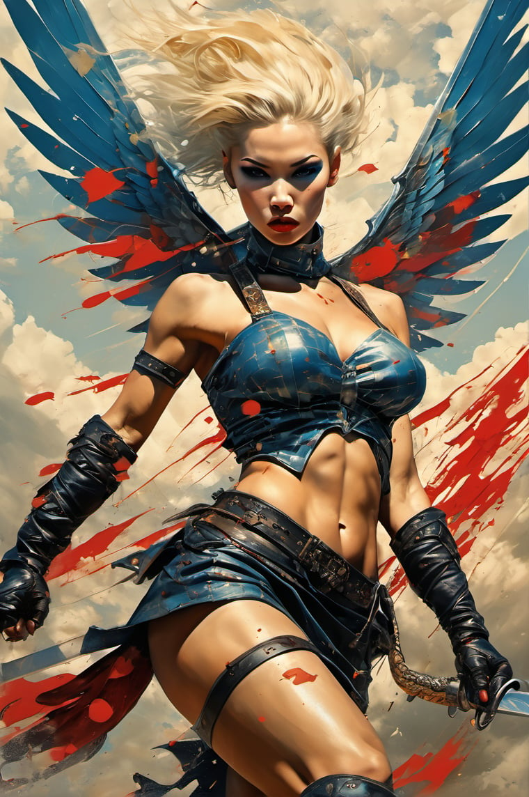 heaven poster, a warrior women, hair is wind blown, huge wings on her back, dramatic blue sky and angry lightening clouds behind her, long battle sword in her right hand, blood dripping from the sword, manga style, an oil painting, a masterpiece, art by TavitaNiko, art by Vallejo, art by Klimt , art by brom, tattoo by ed hardy, shaved hair, neck tattoos andy warhol, heavily muscled, biceps,glam gore, horror, demonic, hell visions, demonic women, military poster style, asian art, chequer board,