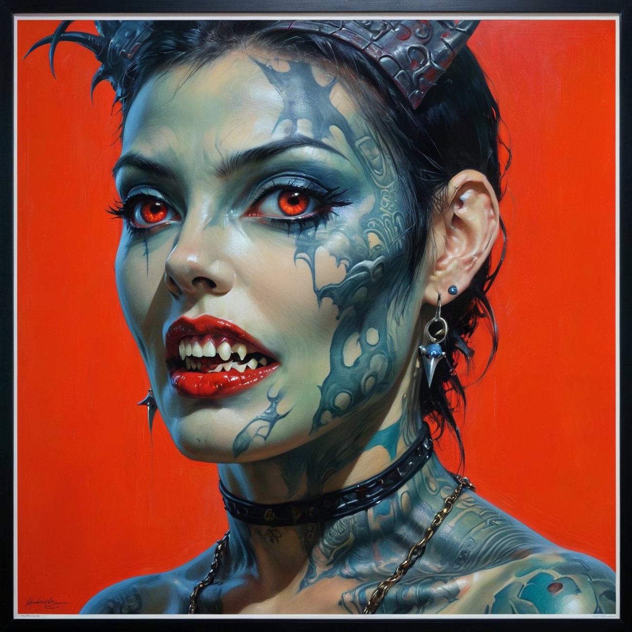 art by Masamune Shirow, art by J.C. Leyendecker, art by boris vallejo, a masterpiece, a female vampire, showinh her sharp teeth, stunning beauty, hyper-realistic oil painting, vibrant colors, Horror Comics style, art by brom, tattoo by ed hardy, a woman, shaved hair, neck tattoos by andy warhol, heavily muscled, biceps,glam gore, covered heavily in crisp dark  demonic tattoos, horror, demonic, hell visions, demonic women, military poster style, asian art, chequer board, dark chiarascuro lighting, a telephoto shot, 1000mm lens, f2,8 , graffiti style , abstract, illustration,  ,artint,3D,perfecteyes,digital artwork by Beksinski,nipples,FieldSauce,large breasts