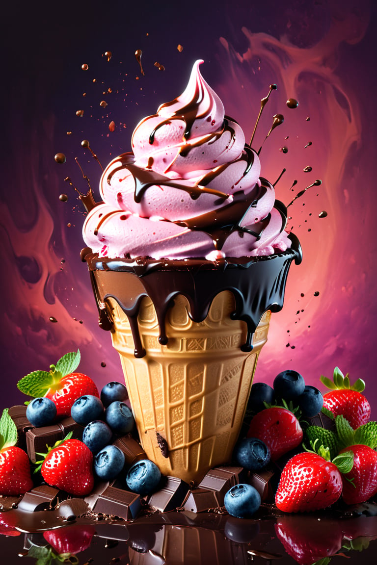 a wall of strawberry ice cream with cherry cream, ice cubes, maraschino cherries, blueberries, lychees , hundreds and thousands, dark chocolate sauce, nuts, mint leaves, splashing dark chocolate sauce, in a gradient honey  coloured background, fluid motion, dynamic movement, cinematic lighting, palette knife, digital artwork by Beksinski,action shot,sweetscape, 3D, oversized fruit, caramel theme, art by Klimt, airbrush art, food photography, food explosion, 