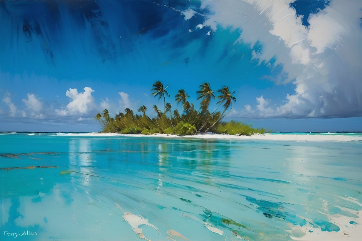 abstract, Cook Islands, as seen from the water, lagoon, white sand, palm trees, bright blue skies, green foliage, turquoise water, thick paint, block palette knife, pastel, in the style of Tony Allain, braod strokes on the knife, dots of paint, splatter, water drops, transparent in places,art by sargent,Oil painting of Mona Lisa ,Leaf