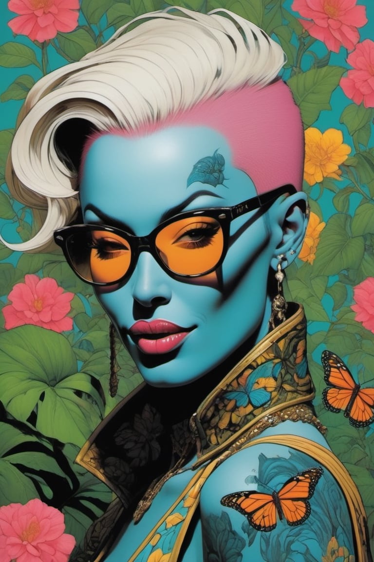 vogue portrait, Horror Comics style, art by brom, smiling people, poking tongue at viewer, lennon sunglasses, punk hairdo, tattoo by ed hardy, shaved hair, neck tattoos by andy warhol, heavily muscled, biceps, glam gore, horror, poster style, flower garden, oversized monarch butterflies, tropical fish, flower garden, 