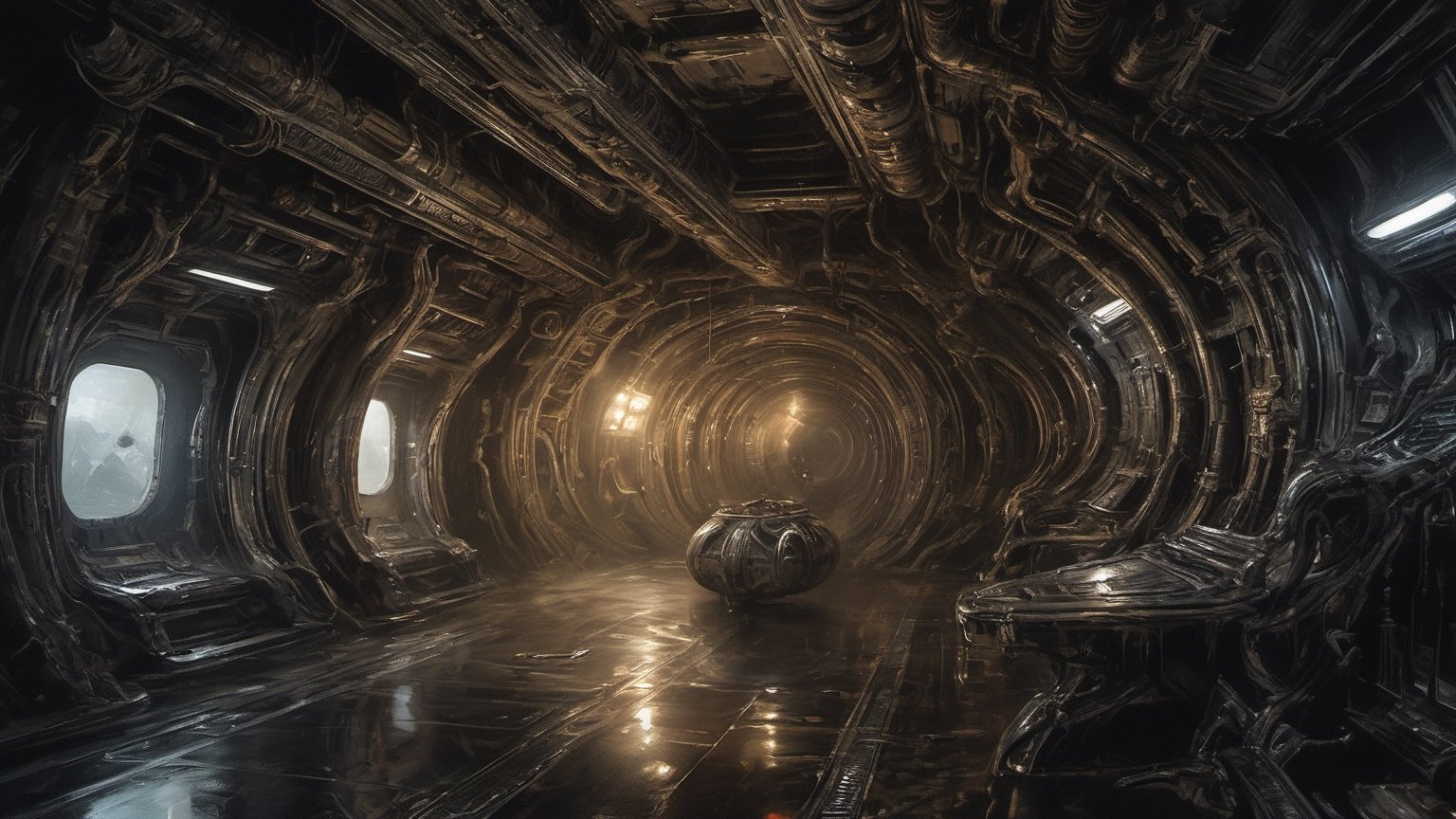 a oil painting wide shot, art by hr giger, a masterpiece, hyper-realistic oil painting, an engineer, low lighting, intense shadows, dripping blood and sweat, messed up, on a spaceship set, dark, blinking lights, dimly lit, wet, water, eerie, 