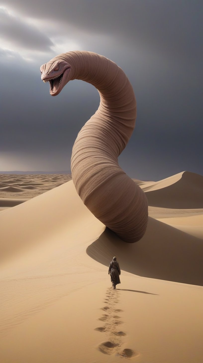 a photograph a giant sand worm , dune movie, a person walking in the desert, still from movie dune, dune movie poster, dune (2021), scene from dune 2 0 2 1 movie, thm style, a photograph a giant sand worm , dune movie,  fluid motion, dynamic movement, cinematic lighting, ,action shot,art by Klimt, airbrush art, 