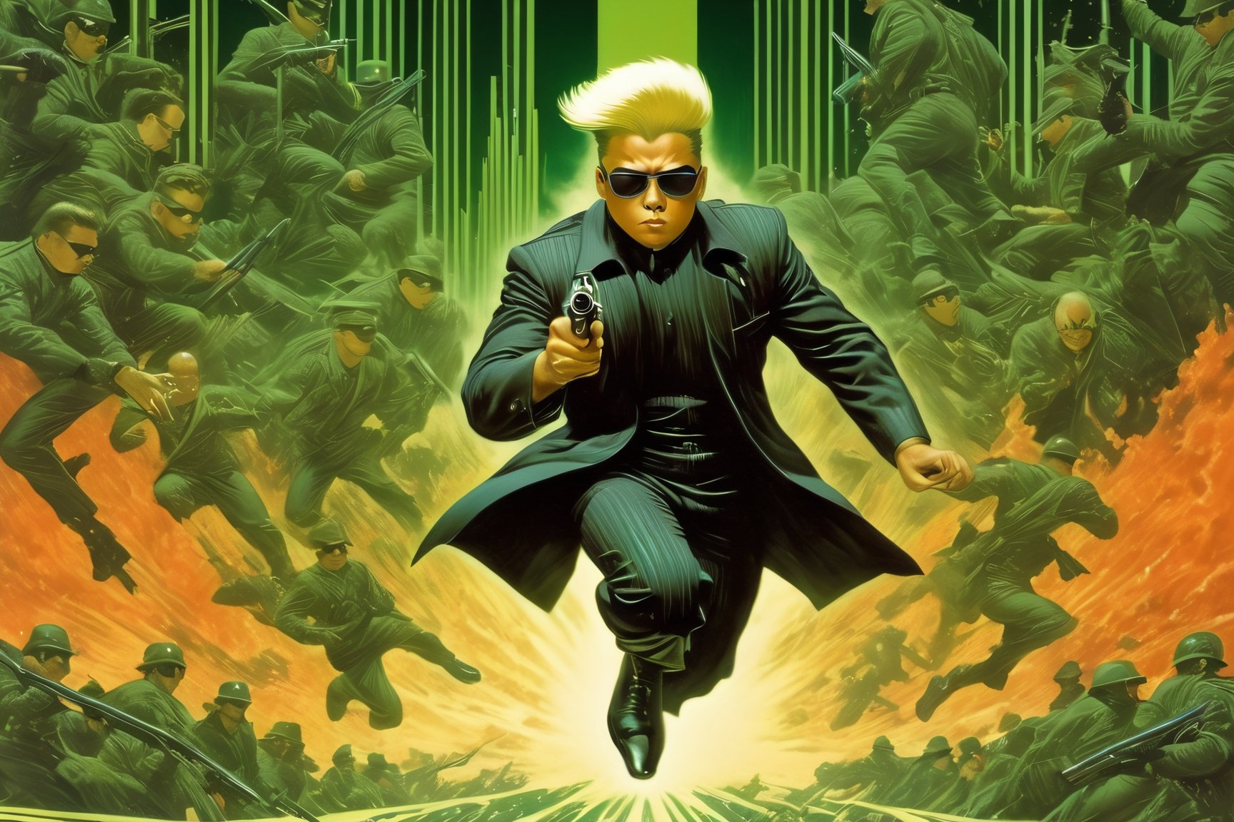 art by Masamune Shirow, art by J.C. Leyendecker, art by boris vallejo, a masterpiece, stunning beauty, hyper-realistic oil painting, vibrant colors, a Kim Jong Un type character, wearing round sunglasses, dark chiarascuro lighting, aiming a Luger pistol at the viewer, fighting bad guys, being chased, fiery explosions, a telephoto shot, 1000mm lens, f2,8,vertical lines of green matrix code