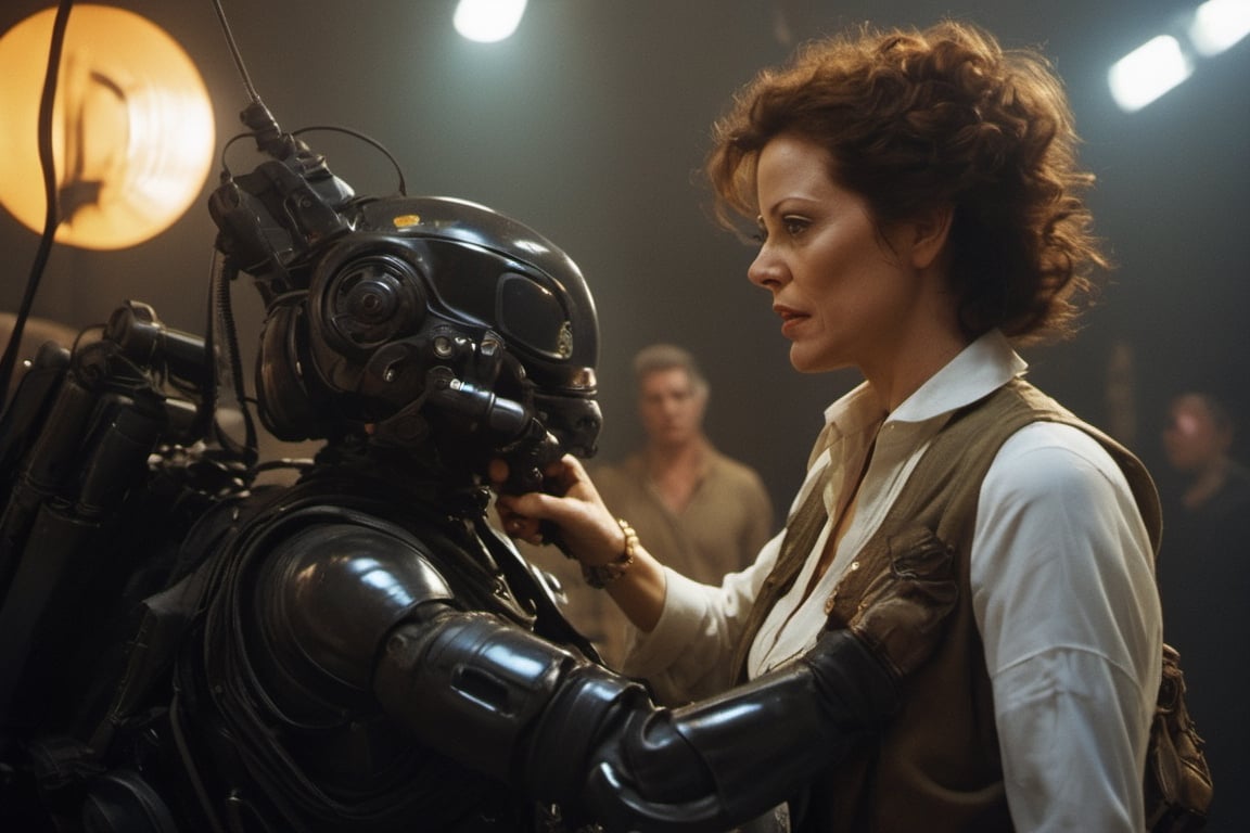 50 year old sigourney weaver as ripley, talking to Michael fass bender as David, low lighting, intense shadows, dripping blood and sweat, messed up, battling human troopers, art by hr giger, a masterpiece, hyper-realistic oil painting, a telephoto shot, 28 mm wide angle lens, f2, 8, a movie still photo, small depth of field,