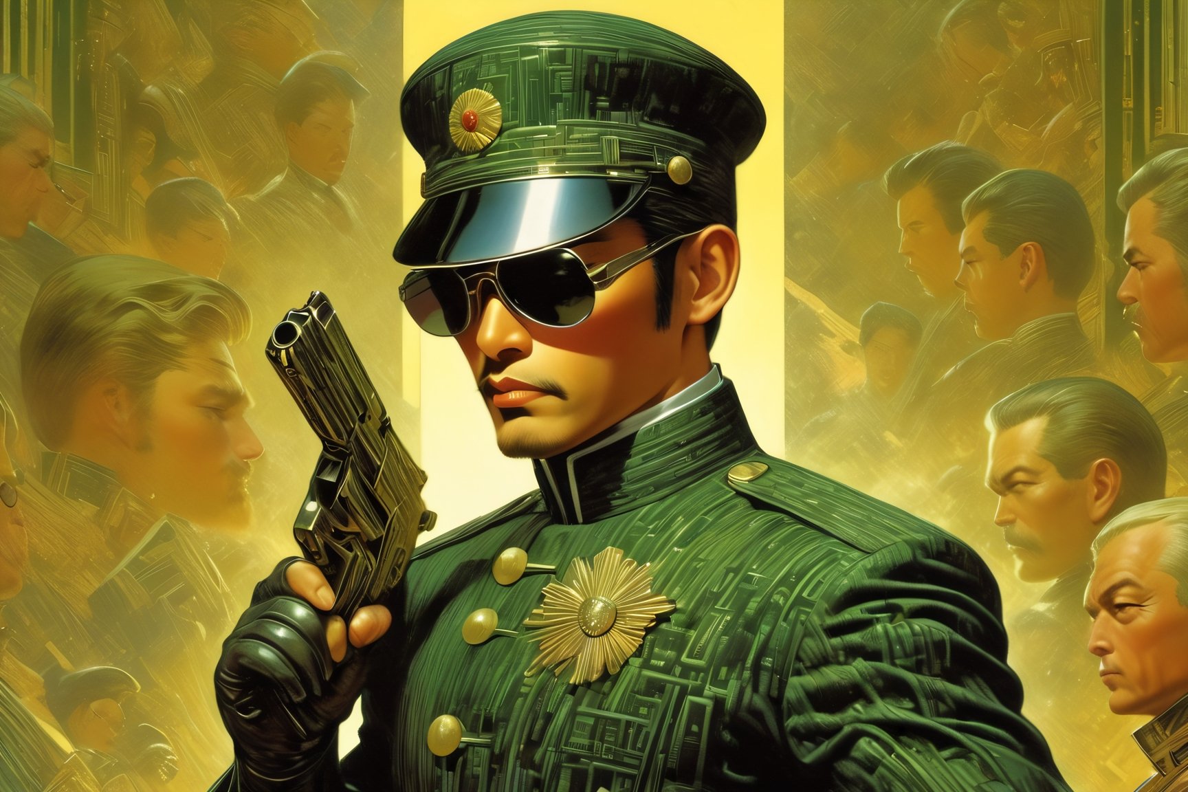 art by Masamune Shirow, art by J.C. Leyendecker, art by boris vallejo, a masterpiece, stunning beauty, hyper-realistic oil painting, vibrant colors, a Xi Jinping type character, wearing round sunglasses, dark chiarascuro lighting, aiming a Luger pistol at the viewer, fighting bad guys, being chased, a telephoto shot, 1000mm lens, f2,8,vertical lines of green matrix code