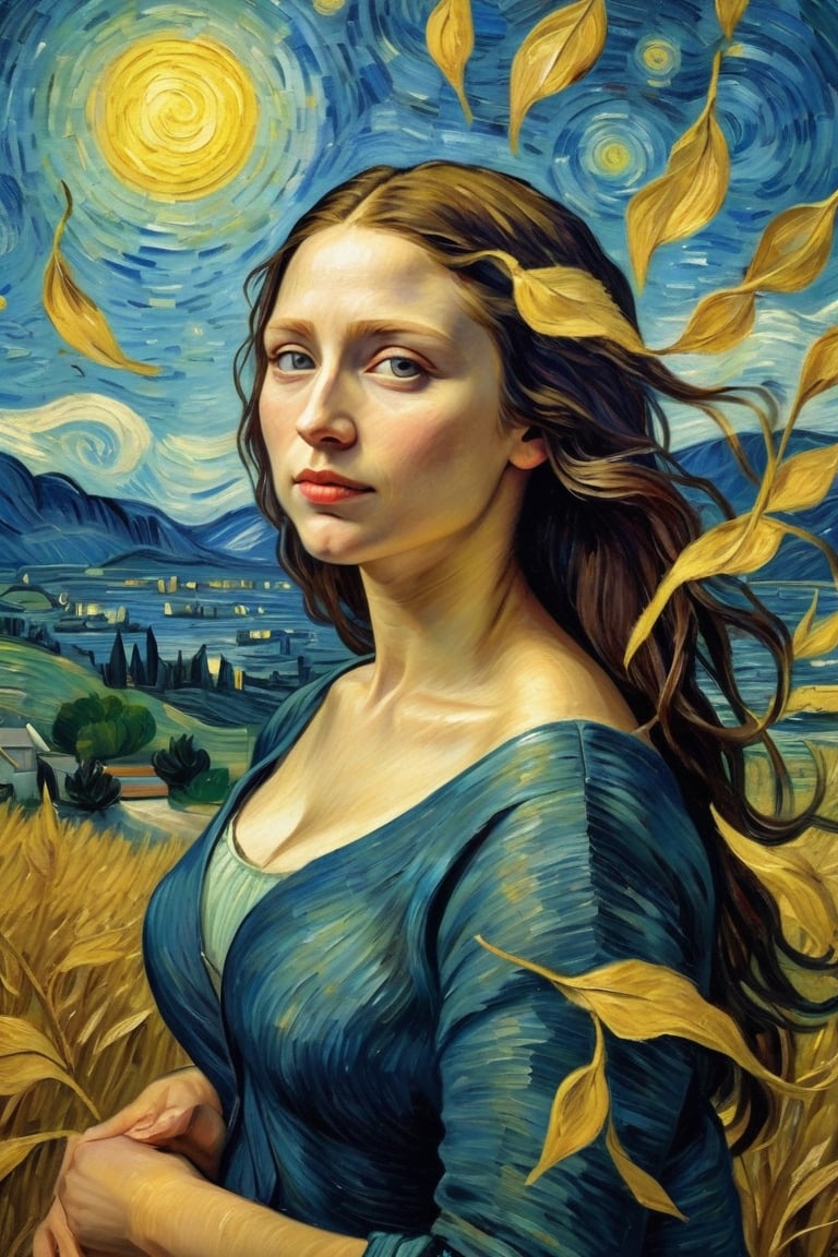 By Van Gogh, Sun, wind, sunny day, oil paint painting, highly detailed, sharpness, dynamic lighting, super detailing, van gogh starry nights background, painterley effect,art by sargent,Leaf,Oil painting of Mona Lisa 