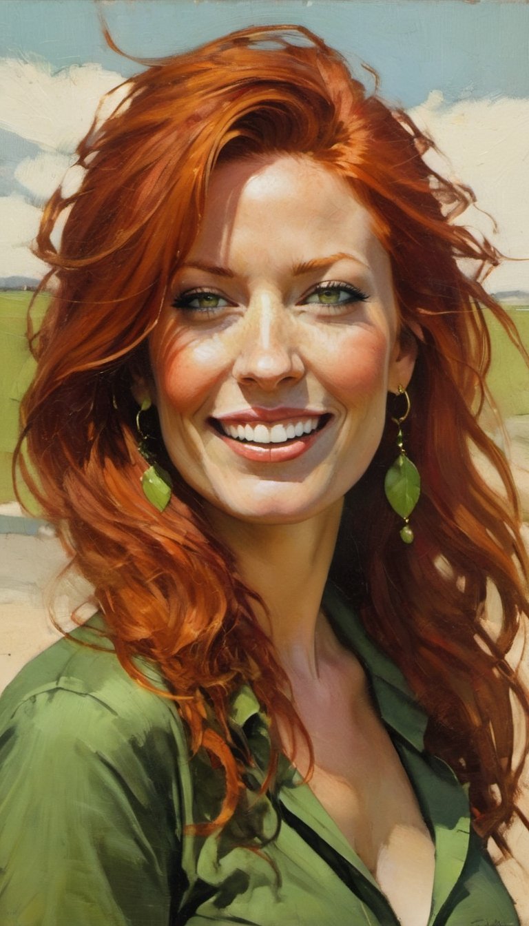 an oil painting, a masterpiece, art by michael carson, a red haired woman, staring at the viewer, green eyes, a happy smile, wind blown hair, 