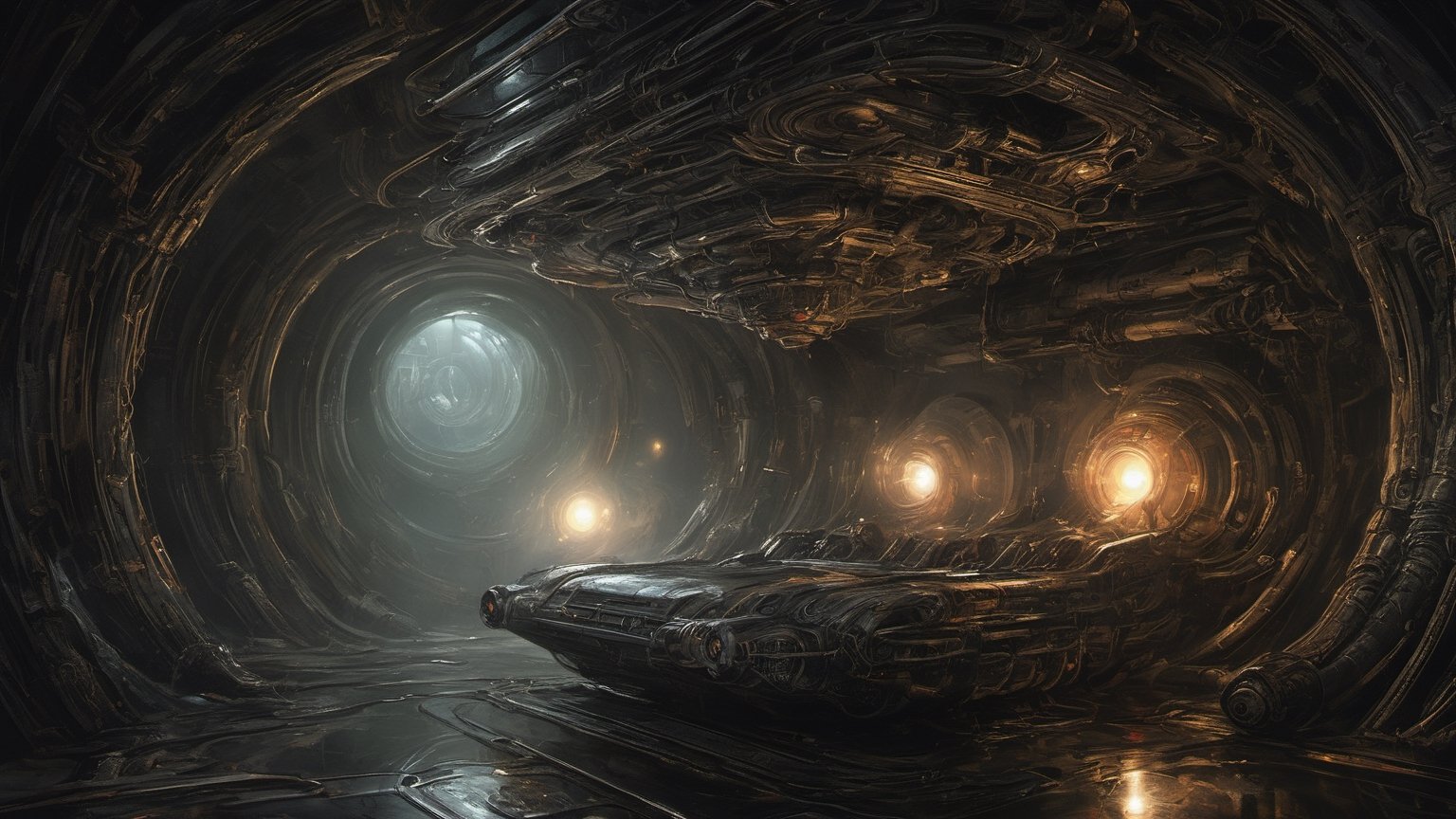 a oil painting wide shot, art by hr giger, a masterpiece, hyper-realistic oil painting, an engineer, low lighting, intense shadows, dripping blood and sweat, messed up, on a spaceship set, dark, blinking lights, dimly lit, wet, water, eerie, 