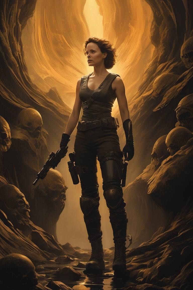 50 year old sigourney weaver as ripley, talking to Michael fassbender as David, low lighting, intense shadows, dripping blood and sweat, messed up, battling human troopers, art by hr giger, a masterpiece, hyper-realistic oil painting, a telephoto shot, 28 mm wide angle lens, f2, 8, a movie still photo, small depth of field,