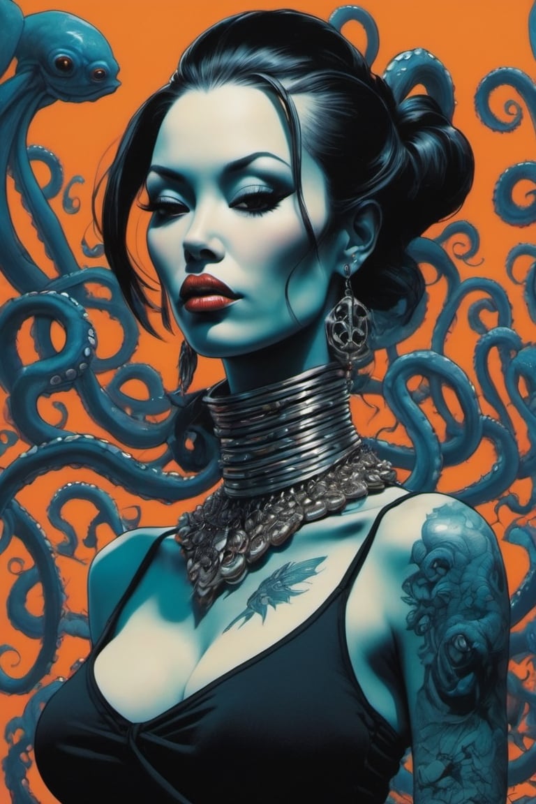 oversized monarch butterflies, goldfish, (((black and white striped octopus wrapping around the ladies neck))) , Horror Comics style, art by brom, tattoo by ed hardy, shaved hair, neck tattoos by andy warhol, heavily muscled, biceps, glam gore, horror, poster style, underwater picture , Angel fish, 
