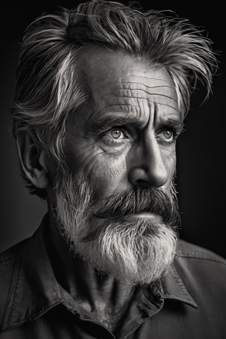 solo, looking at viewer, 1 man, monochrome, upper body, greyscale, male focus, 2 ft facial hair,2 ft beard, 12 inch mustache, old, old man, no clothing, long bushy unkempt hair, long bushy beard, wild and windswept, forlorn, lost, a worn out worried look in his eyes and face, all focus on the eyes, short 1 inch depth of field, eyes in 4k focus, highly detailed in focused areas, tamron 1000 mm telephoto lens, f2.8, cinematic angle, looking from above the eyeline down back at the man, angled, 