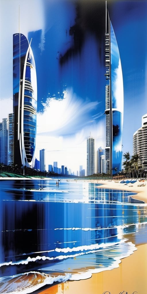  (( surfers paradise beach and high rises seen from the sand)),dark blue ink flow, 64k resolution photorealistic masterpiece, art by john Berkey, art by chris foss, intricately detailed, acrylic: watercolor art, ultra quality, highly detailed,