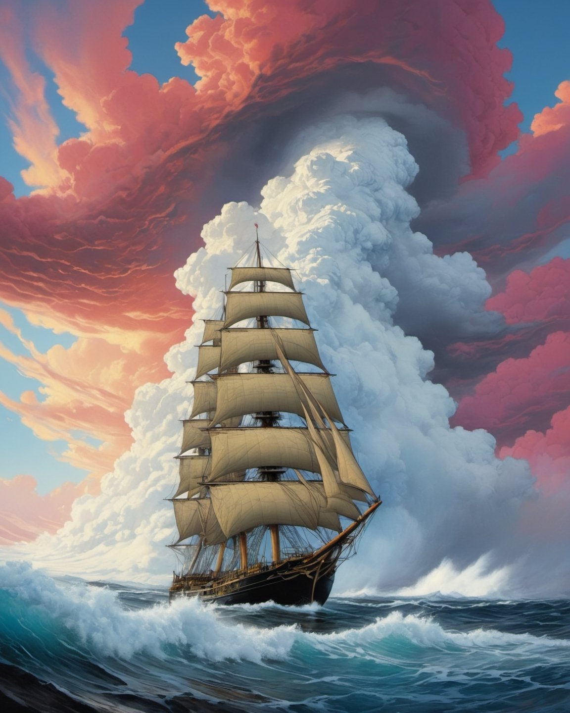 close up full shot, cooks endeavour on the Pacific Ocean (((dramatic cloud formation))), poster style,  