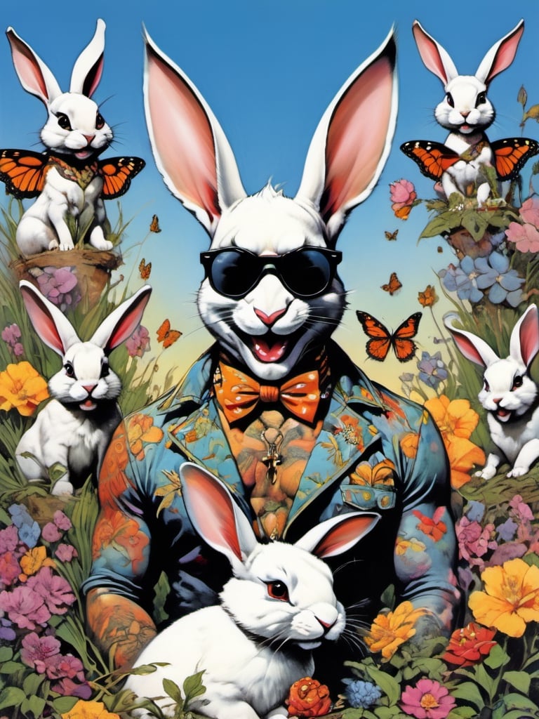 white rabbit with many baby rabbits, Easter theme, art by brom, tattoo by ed hardy, shaved hair, neck tattoos andy warhol, heavily muscled, biceps,glam gore, horror, white rabbit, rabbit hole,  demonic, hell visions, demonic women, military poster style, chequer board, vogue easter bunny portrait, Horror Comics style, art by brom, smiling, tongue out, poking tongue at viewer, lennon sunglasses, rabbit ears, rabbit nose, rabbit fur, punk hairdo, tattoo by ed hardy, shaved hair, playboy bunny outfit, bunny tail, neck tattoos by andy warhol, heavily muscled, biceps, glam gore, horror, poster style, flower garden, Easter eggs, coloured foil, oversized monarch butterflies, flower garden,