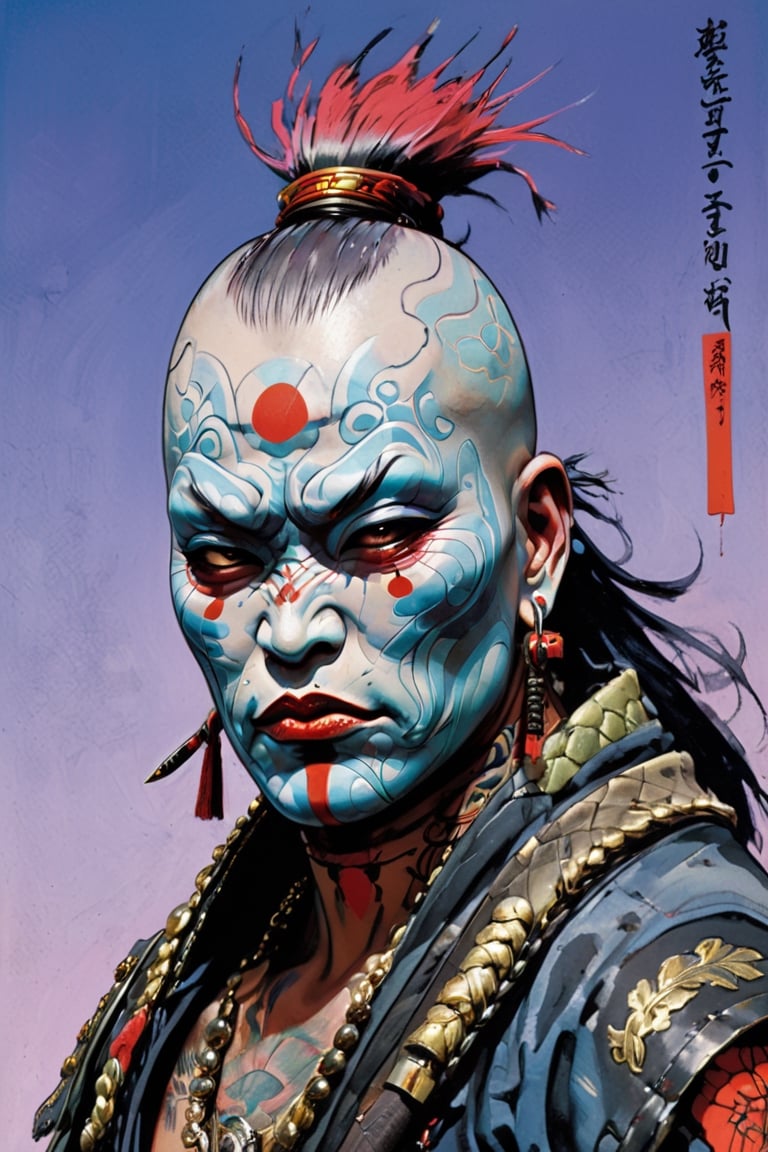 samurai, wearing full battle armour, Horror Comics style, art by brom, tattoo by ed hardy, shaved hair, neck tattoos andy warhol, heavily muscled, biceps,glam gore, horror, demonic, hell visions, demonic women, military poster style, asian art, chequer board,japanese flag, wearing a gee, 