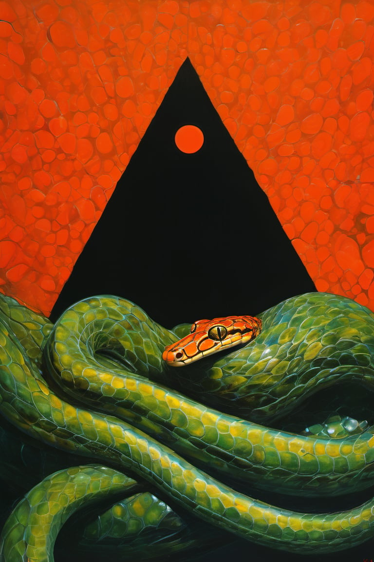  art by simon bisley, art by Brom, art by ralph steadman, art by gustav klimt, a slithering poisonous snake in a tropical jungle, resplendant in colour and intricate detail,  a masterpiece, realistic,  The artwork is a masterpiece, boasting incredible detail and a sense of depth that pulls the viewer in.