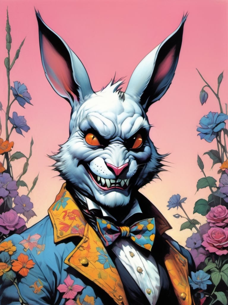 white rabbit with many baby rabbits, long whiskers sideburns, goatee beard, Easter theme, Horror Comics style, art by brom, tattoo by ed hardy, shaved hair, neck tattoos andy warhol, mad hatter top hat, heavily muscled, biceps,glam gore, horror, white rabbit, rabbit hole,  demonic, hell visions, demonic women, military poster style, chequer board, vogue easter bunny portrait, Horror Comics style, art by brom, smiling, tongue out, poking tongue at viewer, lennon sunglasses, rabbit ears, rabbit nose, rabbit fur, punk hairdo, tattoo by ed hardy, shaved hair, playboy bunny outfit, bunny tail, neck tattoos by andy warhol, heavily muscled, biceps, glam gore, horror, poster style, flower garden, Easter eggs, coloured foil, oversized monarch butterflies, tropical fish, flower garden,