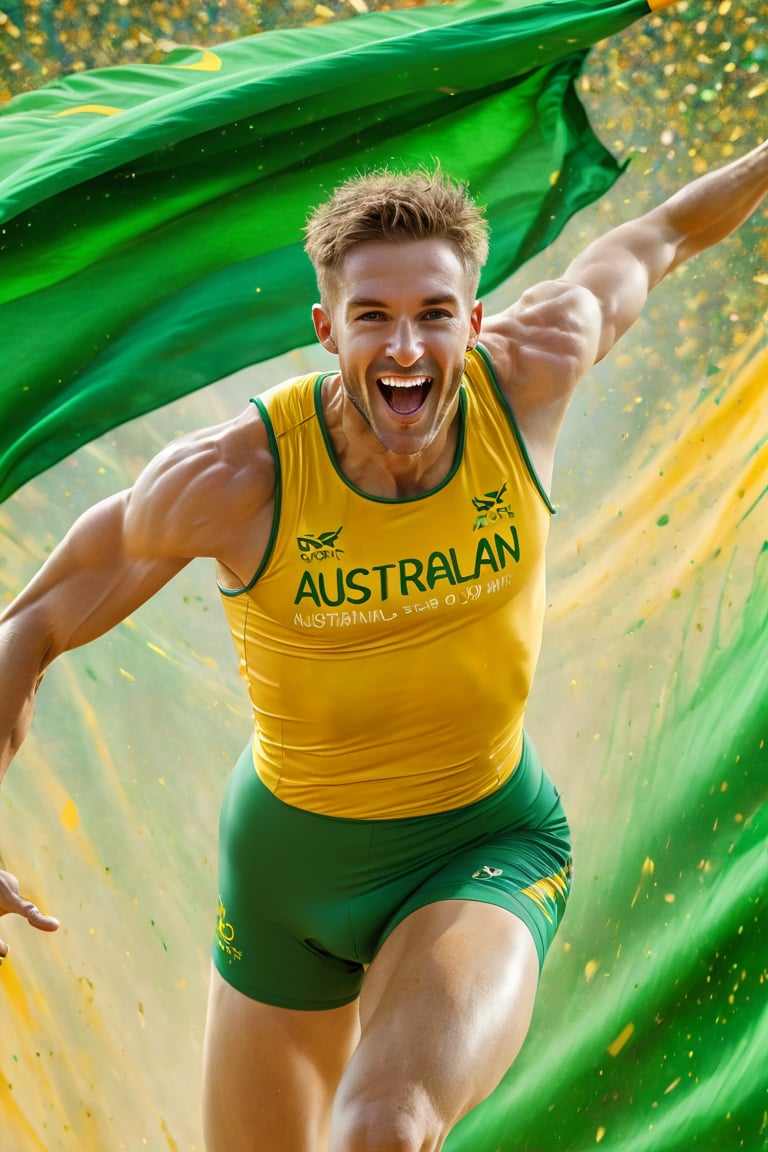 a mid section body shot photograph of a happy australian male athlete, he is wearing an australian olympic highjump  uniform, he is has an olympic  gold medal around his neck, his back and bottom are facing the viewer, very large green and gold flag background, fluid motion, dynamic movement, cinematic lighting, palette knife, digital artwork by Beksinski,action shot,sweetscape, art by Klimt, airbrush art, ,photo r3al,ice and water,close up,Movie Poster