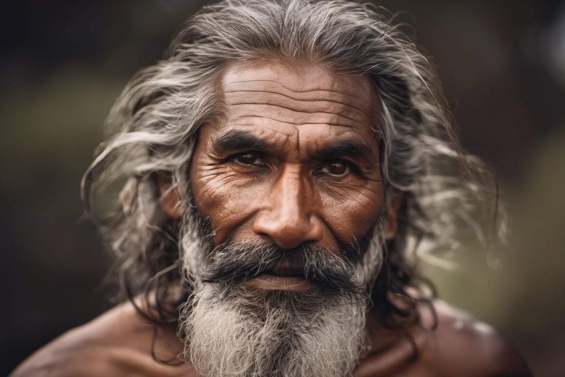 an aboriginal man,  a native from australia, head uncovered,  solo, looking at viewer, 1 man, monochrome, upper body, greyscale, male focus, 2 ft facial hair,2 ft beard, 12 inch mustache, old, old man, no clothing, long bushy unkempt hair, long bushy beard, wild and windswept, all focus on the eyes, short 2 inch depth of field, tamron 1000 mm telephoto lens, f2.8, cinematic angle, looking from above the eyeline down back at the man, angled, extreme close up shot,  eyes only, smiling , few teeth, 