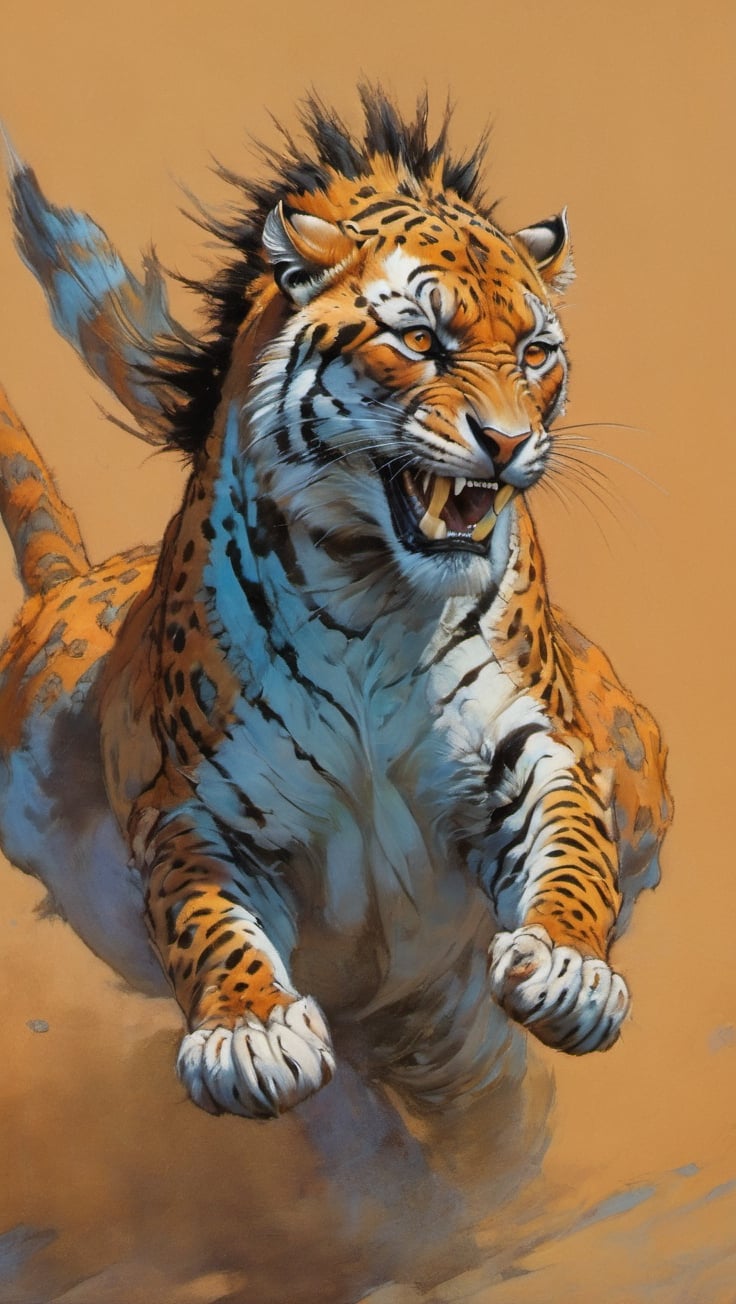 An orange leopard like creature, leopard spots with zebra stripes on its face, pale blue eyes, it wears a desert cape, fr4z3tt4 ,more detail XL,art by sargent,action shot