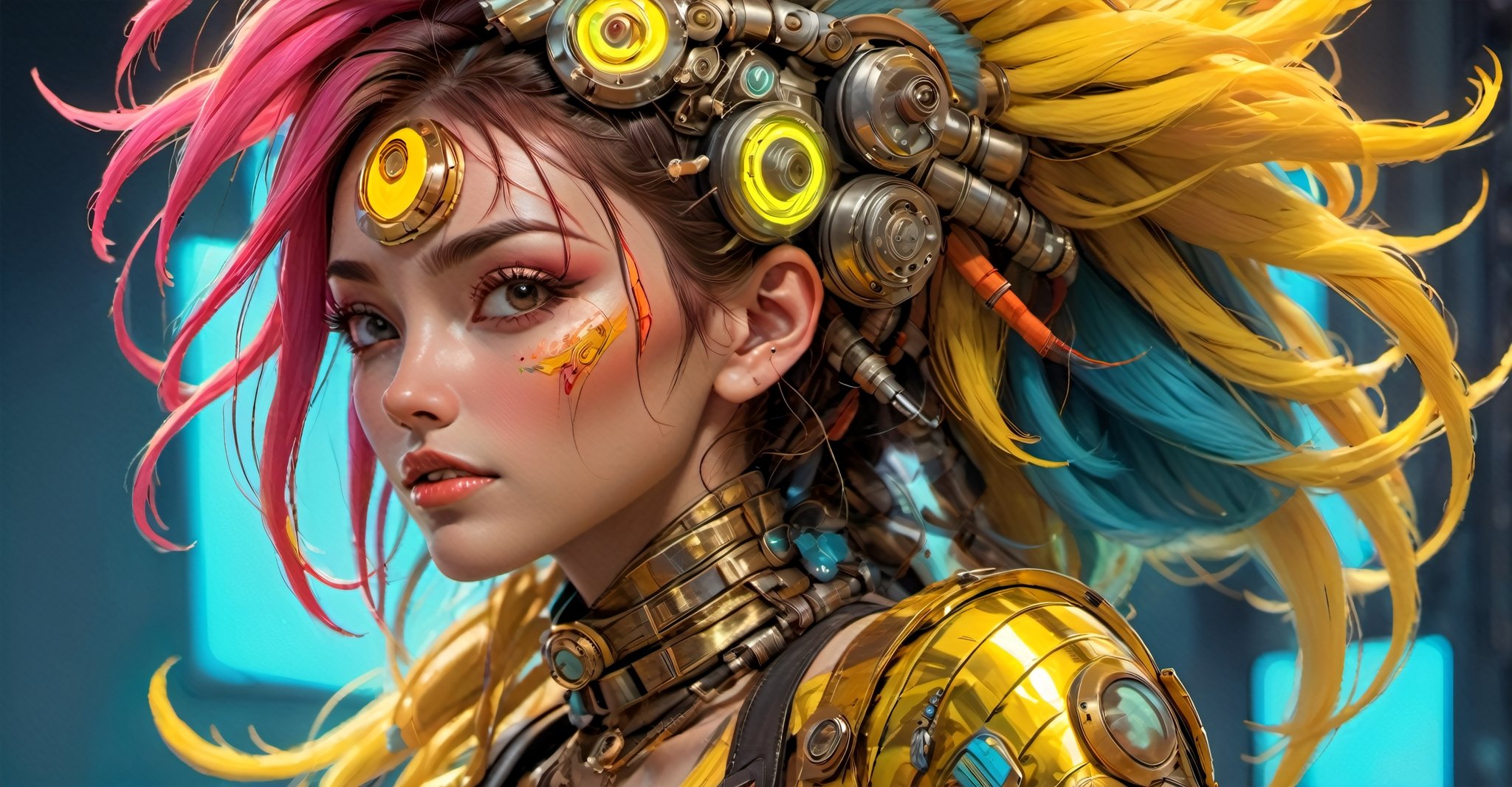 a masterpiece, stunning beauty, perfect face, epic love, Slave to the machine, full-body, hyper-realistic oil painting, vibrant colors, Body horror, wires, , native american war bonnet, a rusty and silver spotted steampunk spacesuit, women looking directly out to viewer, wry smile on her face, neon face with multiple coloured circuits on it, full face visor translucent dirty yellow colour, in the style of futuristic space, glamour, Steam punk steam punk animated gifs, xenomorph lookalike adornments, gun in hand, algorithmic artistry, frank frazetta style, perfect makeup, boris vallejo, pop art consumer culture, plain neon steampunk background, full figure pose, dripping paint, Leonardo Style, blacklight makeup, oni style,monster,HellAI,IncrsXLRanni,Xxmix_Catecat,DonMD3m0nXL ,Stylish,underboob,hustler,more detail XL,portrait_futurism