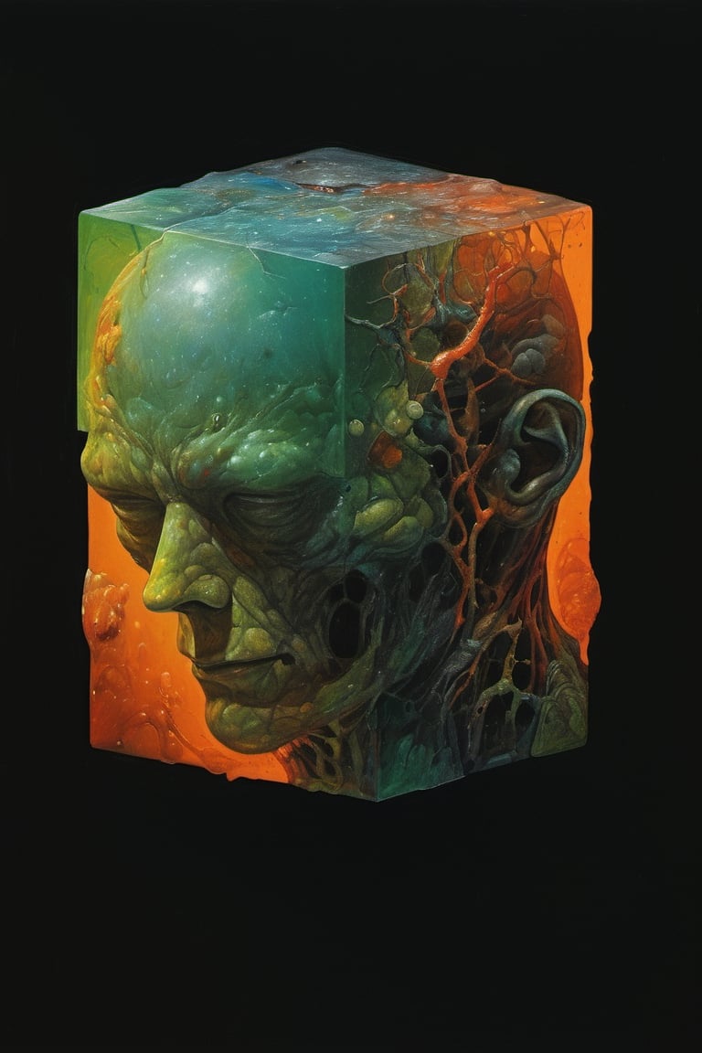 art by bob Carlos Clarke , a cube shaped head, stunning beauty, hyper-realistic oil painting, vibrant colors, dark chiarascuro lighting, a telephoto shot, 1000mm lens, f2,8,Vogue,more detail XL